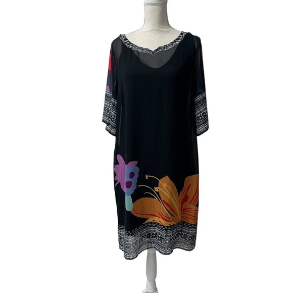 Soft Surroundings Floral Hibiscus Black Shift Dress & Slip‎ Size Medium - Picture 9 of 11